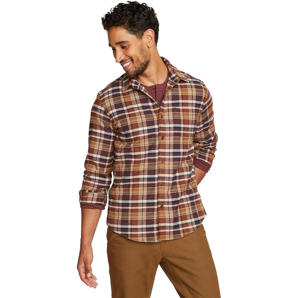 Eddie Bauer Mens 2XL Field Flannel Flex 2.0 Shirt Brown Plaid Long Sleeve NWT